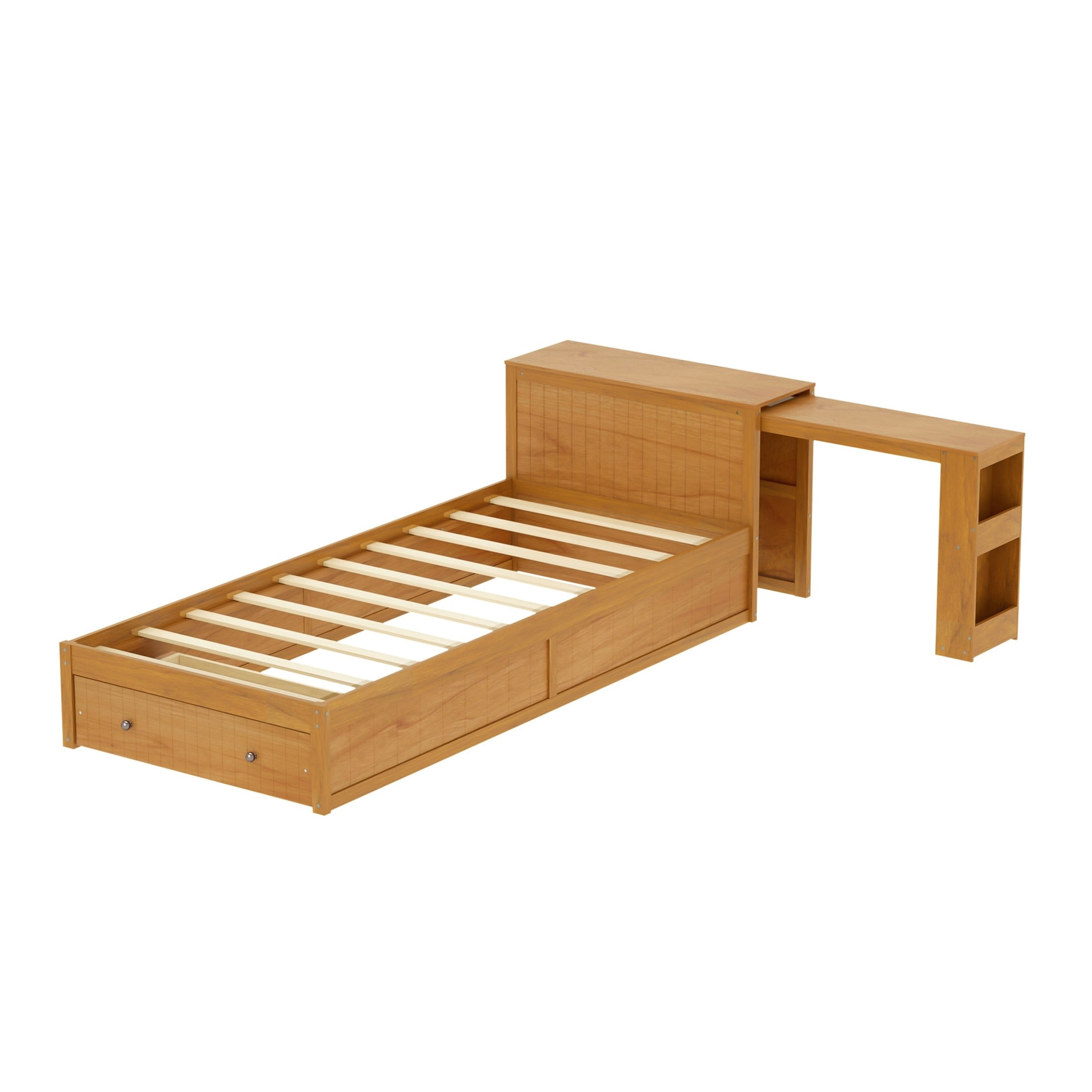 Noble House Oaklin Twin Modern Platform Bed with Integrated Desk & Storage Drawers, Space-Saving Furniture, Walnut