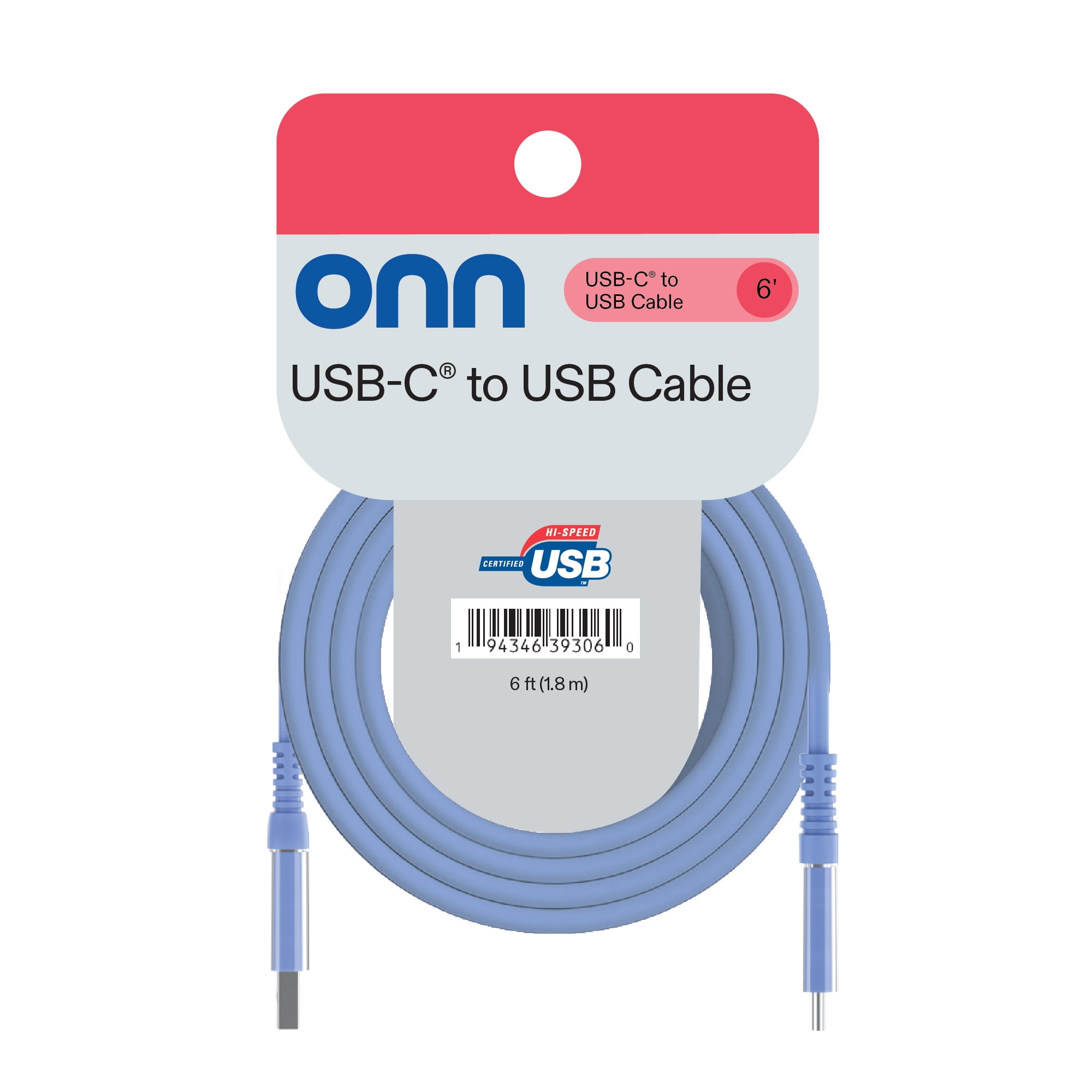 onn 6ft USB-C to USB-A Charging Cable, USB-IF Certified, Blue - Compatible with iPhone 16 Series, iPhone 15 Series, Samsung Galaxy, Note, Pixel Devices iPad Pro, & More