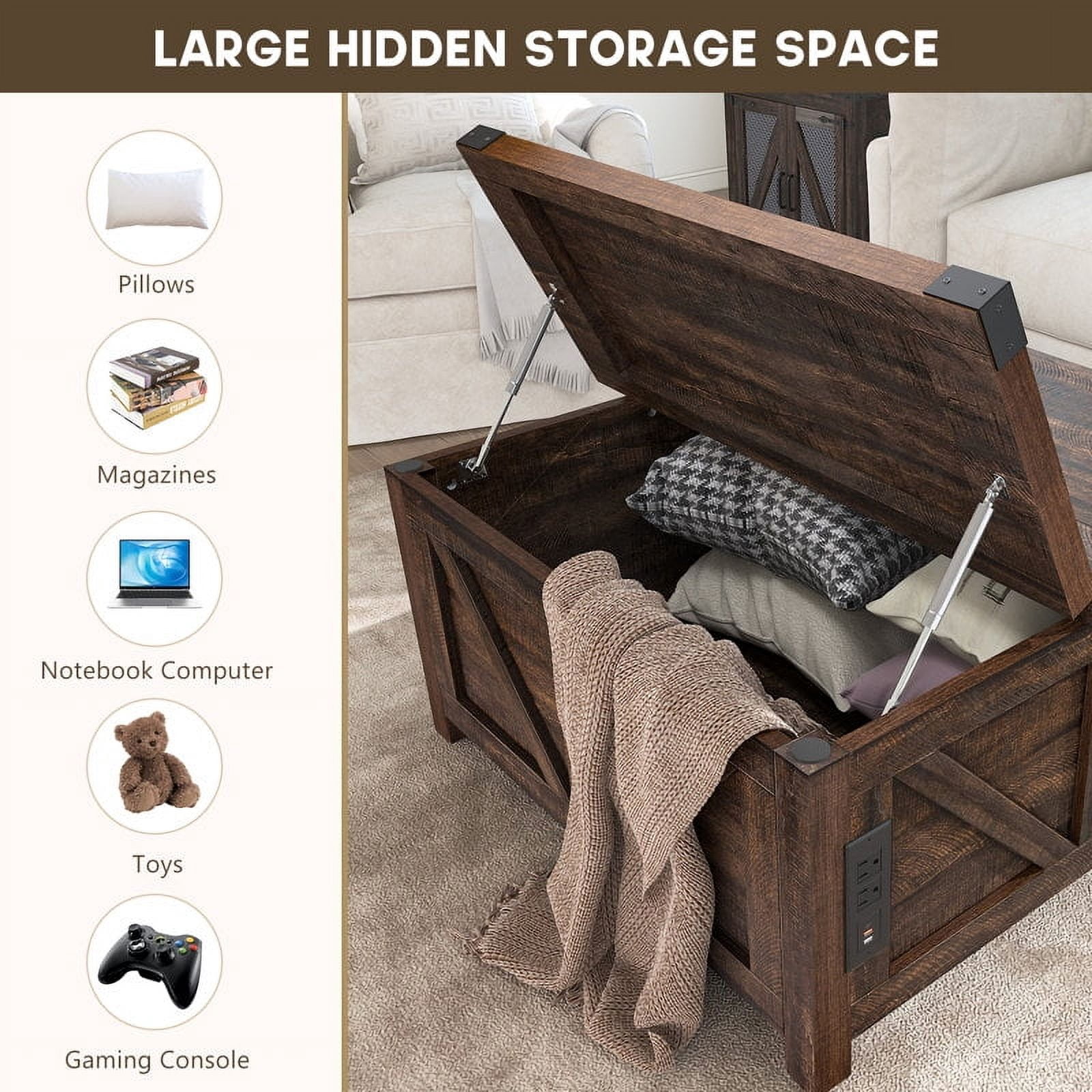 35.6" Farmhouse Lift Top Coffee Table with Charging Ports,Large Square Coffee Table with Storage, Wood Center Table w/Large Hidden Space for Living Room Home Office,Brown