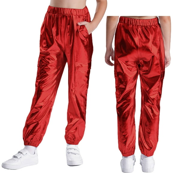 Kaerm Metallic Harem Pants for Girls Boys Hip Hop Street Dance Trousers Sweatpants Gymnastics Bottoms Red 6