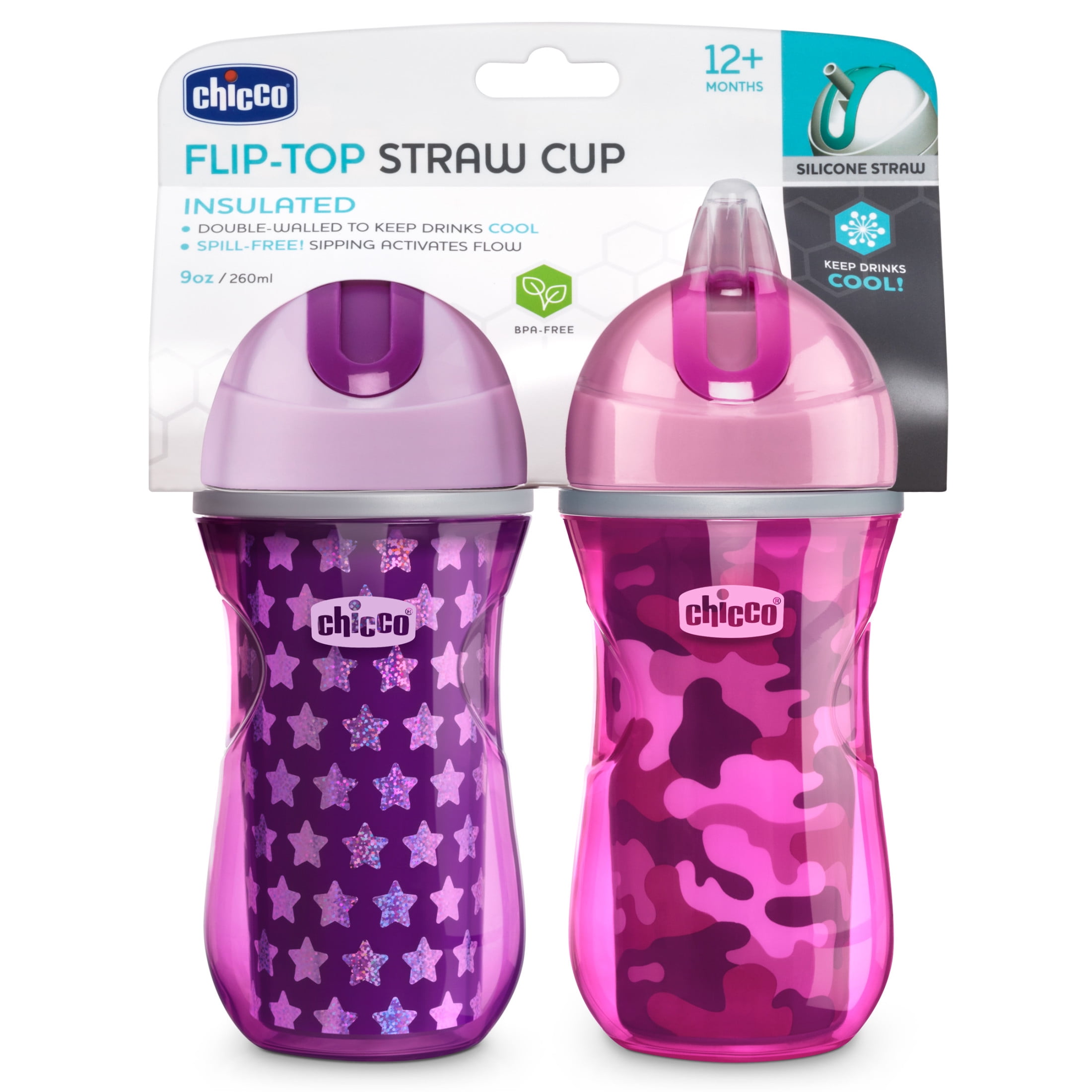 【ペッピーキッズ】イチカ Chicco Insulated Flip-Top Straw Cup 9oz, Pink/Purple, 12m+ (2pk