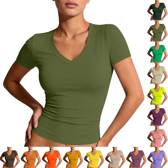 Basic Womens V Neck Short Sleeve T Shirt Slim Fit Tees Summer Y2k Going Out Fitted Tops Tight Shirts Dark Green L