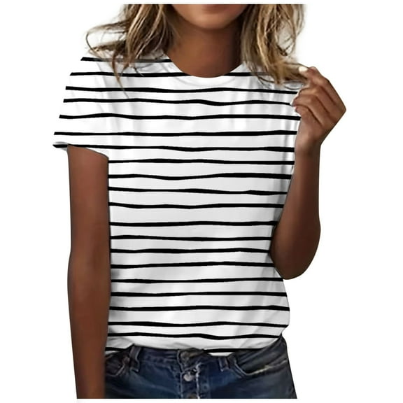 JLFKNG Womens Tee Shirts Classic Versatile Daily Short Sleeve Solid Striped Leopard Camo Color Block Casual Round Neck T Shirt Womens Dailywear