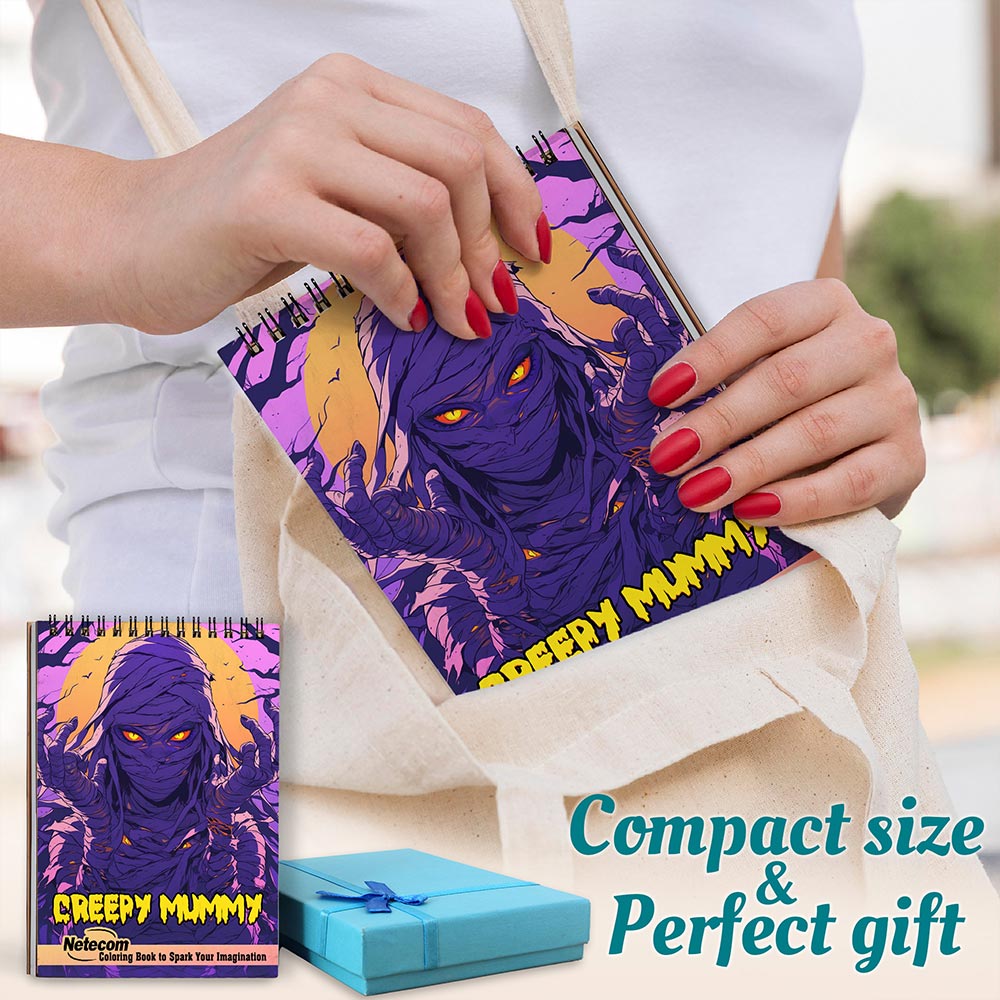 Netecom Creepy Mummy Coloring Book for Adults, A5 Wooden Cover, 30 Spooky Coloring Pages of Ancient Mummies for Stress Relief and Relaxation, Spiral Bound Edition