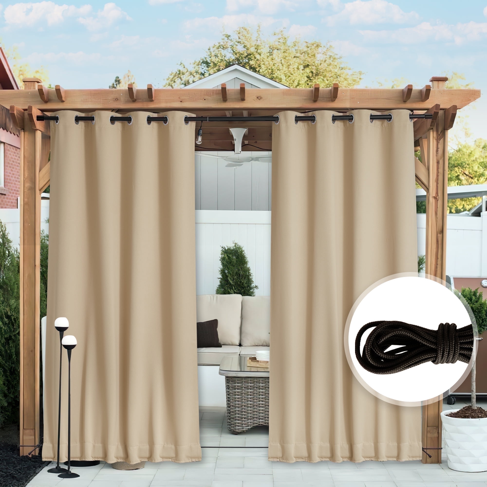 NICETOWN 2 Panels Outdoor Patio Curtains Windproof Top & Bottom Grommet & Back Tab, Biscotti Beige, W52 x L84, Thermal Insulated Windproof Drapes Keep Privacy for Yard/Porch with Ropes for Fixed