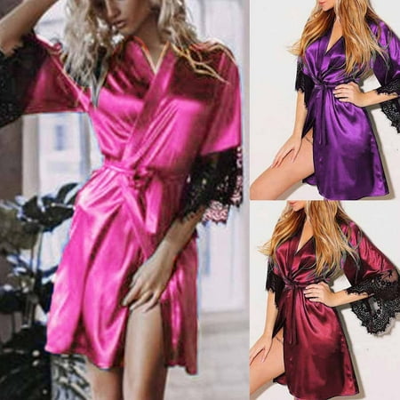 Ersazi Ladies Nightgowns Women Sexy Silk Dressing Lace Lingerie Belt Bath Robe Nightwear On Clearance Hot Pink L