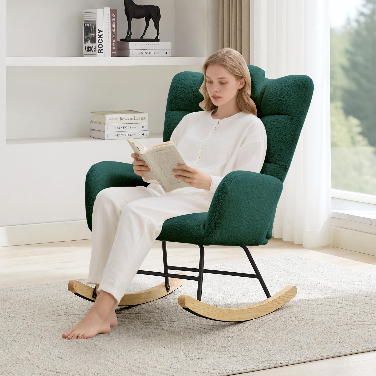 Huisuilinss Nursery Rocking Chair,Rocking Chair Nursery,Upholstered Glider Rocker With High Backrest Armchair,Accent Chair Padded Seat,Reading Chair For Living Room Bedroom Office,Without Ottoman