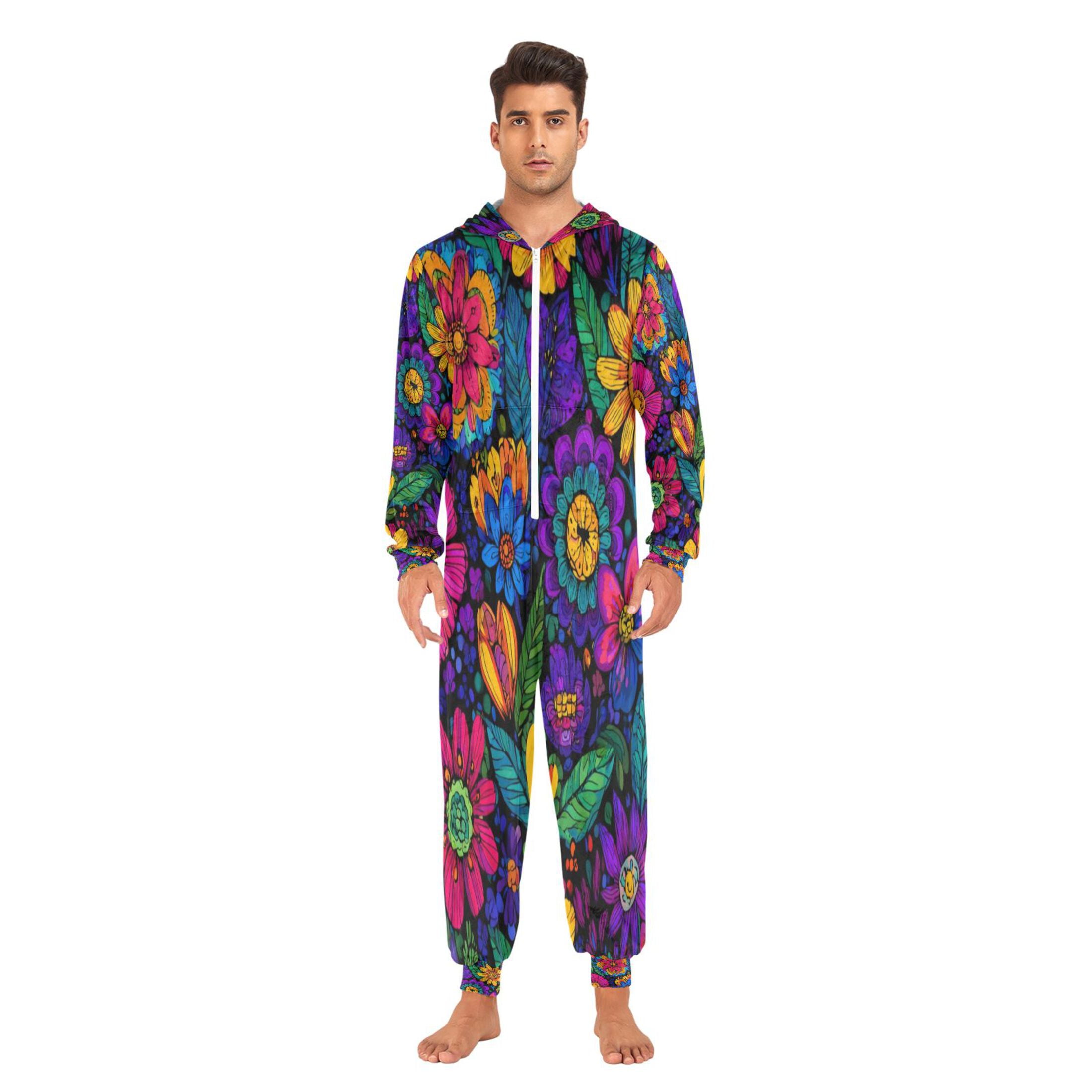 1-Pack Onesie Jumpsuits For Men&Women Winter One Piece Zipper Pajamas Playsuit Brightly Colored Wildflowers