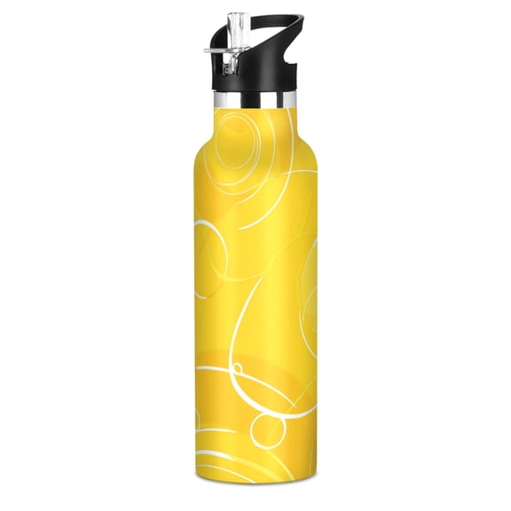 Kids Insulated Stainless Steel Sports Water Bottle 600ml (20oz), BPA-Free Yellow Circles and Lines