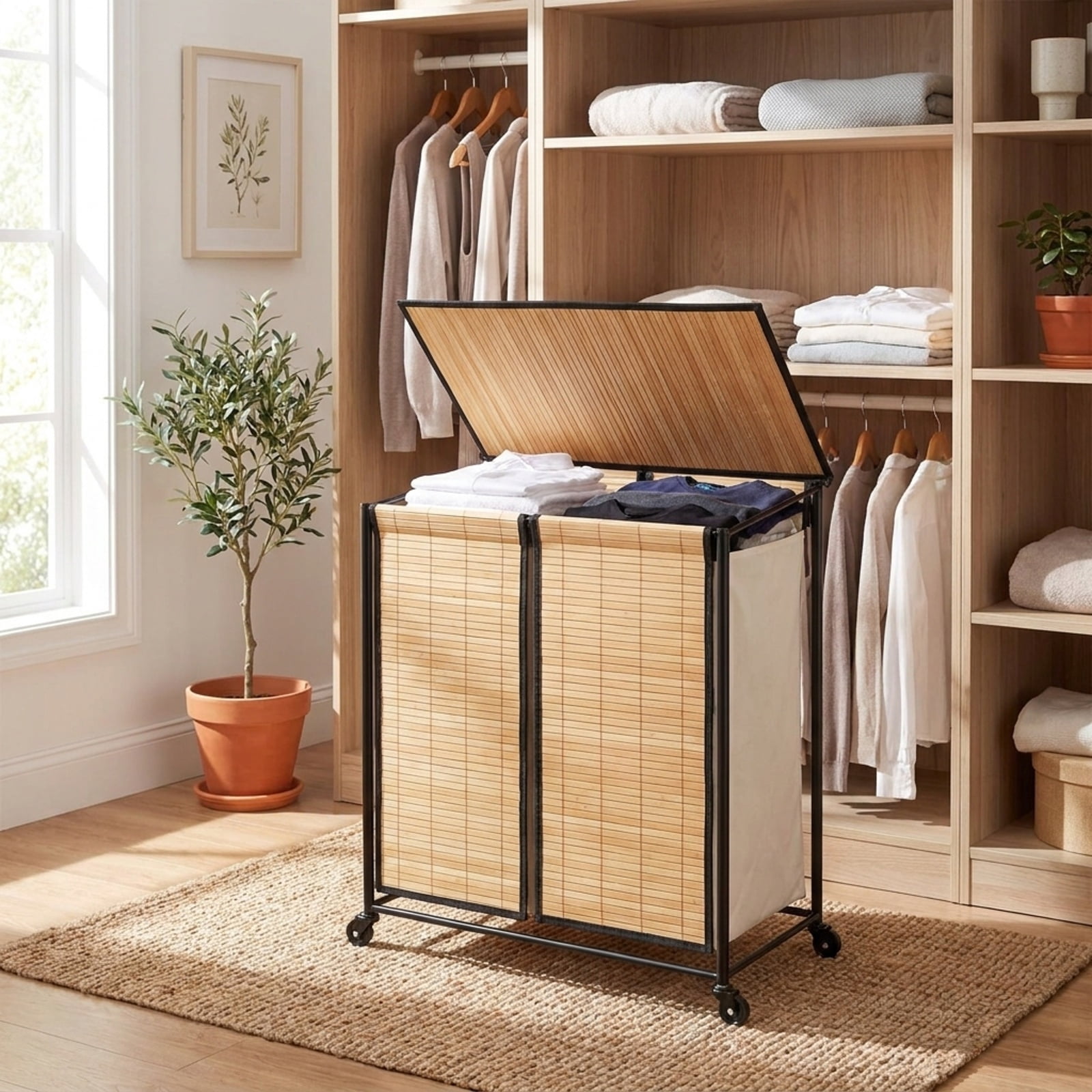 Vebreda 18.5-Gallon 2-Section Laundry Hamper with Lid & 2 Lockable Wheels, Rolling Clothes Hamper & Laundry Sorter with Removable Liner Bags for Bathroom & Bedroom