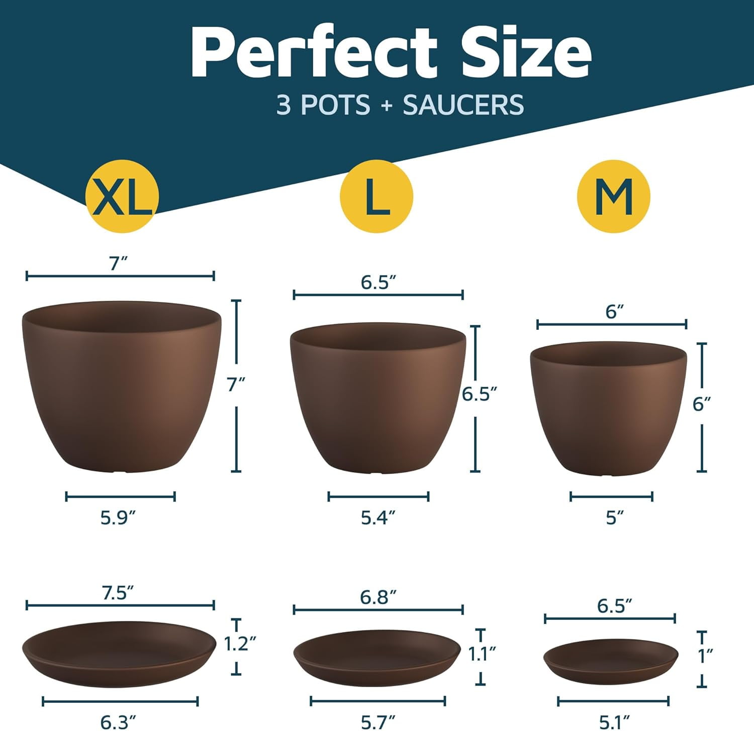 Brown Plant Pots with Drainage Holes & Saucers 3 Packs, Indoor & Outdoor Stackable Plastic Planters in Multiple Sizes for Houseplants & Flowers, Durable & Weatherproof Materials, Matte Finish