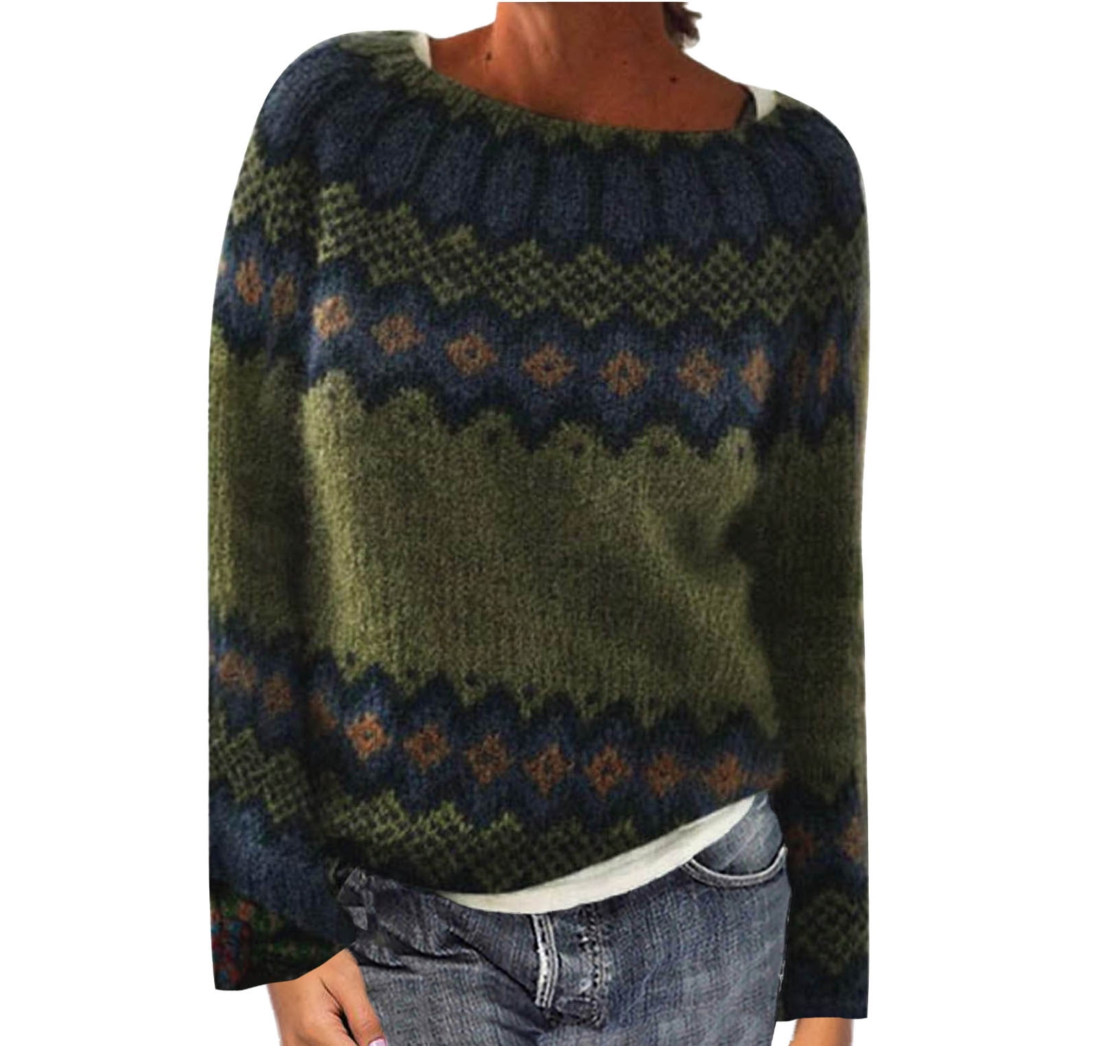 Fartey Chandail à Enfiler pour Femmes, Chandail Fair Isle Vintage, Automne Hiver, Manches Longues, Col Ras du Cou, Chandails, Doux et Confortable, Chandails Quotidiens, Vert Armée, P-2TG