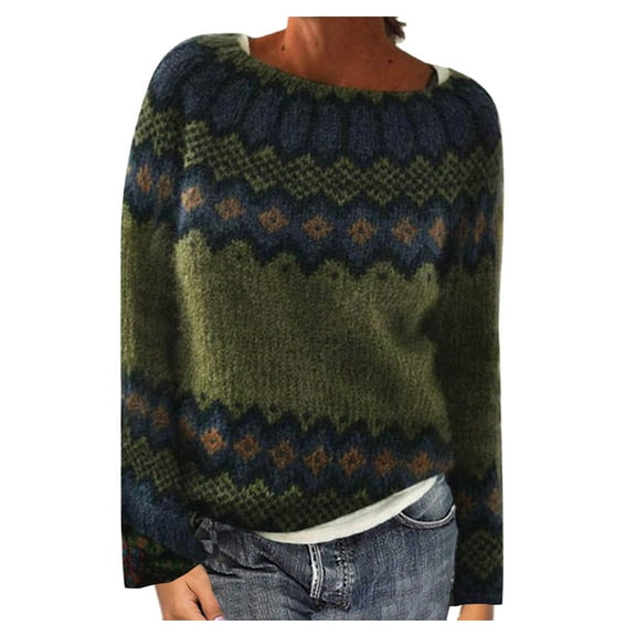 Oksale Fair Isle Sweaters for Women Casual Boat Neck Sweater Casual Long Sleeve Jumper Vintage Soft Knitwear Cozy Warm Tops Army Green XXL