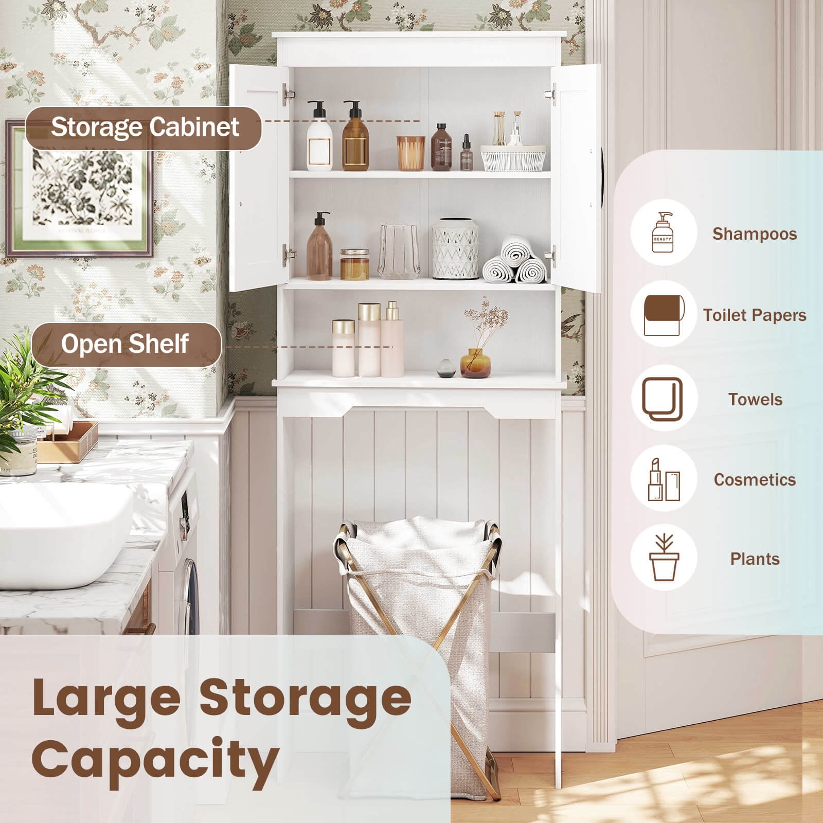 Costway Over The Toilet Storage Cabinet Bathroom Organizer w/ Adjustable Shelf