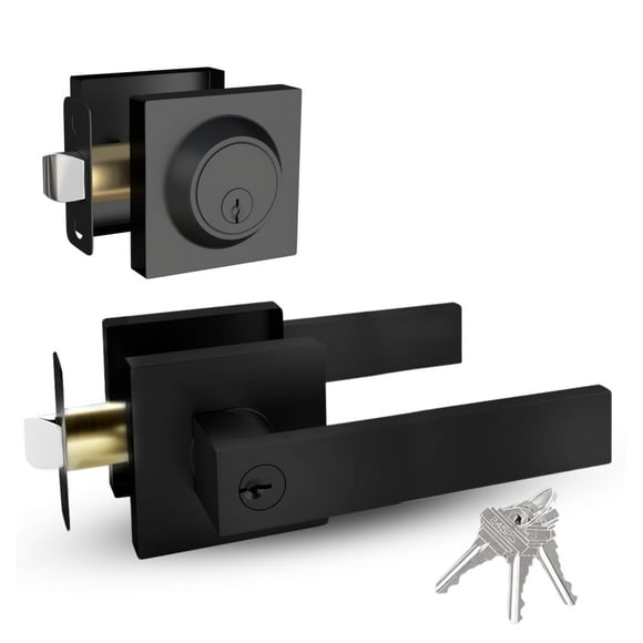 Mega Handles ROBELL Entrance Combo, Entry Lever Door Handle & Single Cylinder Deadbolt Lock & Key Combo Pack, Heavy Duty Square Locking Door Levers Set for Left or Right-Handed Doors - Matte Black