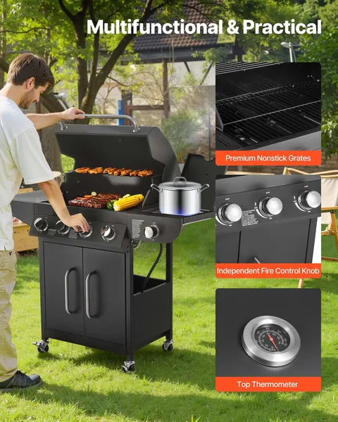 4 Burner Propane Gas Grill with Side Burner 425 SQ In Grilling Area 52000 BTU Outdoor BBQ Grill Carbon Steel Enamel Grates Two Side Shelves Patio Garden