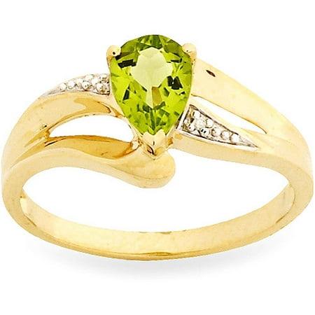 Simply Gold Gemstone 7x5mm Pear-Shaped Peridot and Diamond Accents 10kt Yellow Gold Ring, Size 7