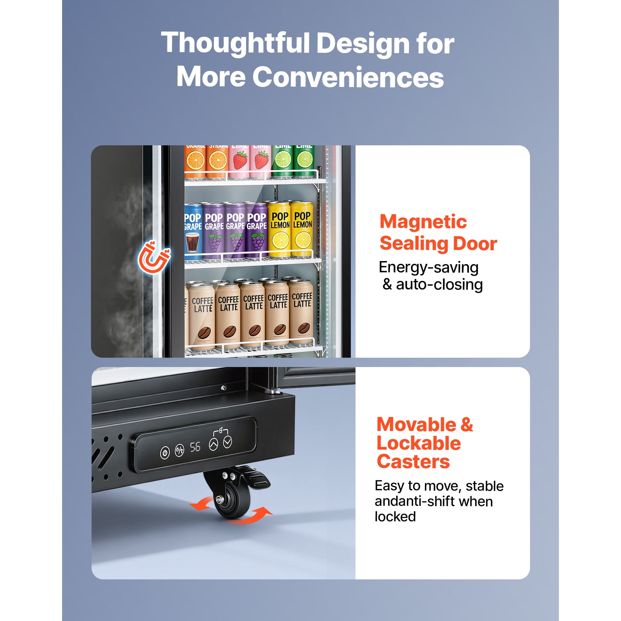 KFFKFF Commercial Merchandiser Refrigerator, 12.4 Cu.Ft / 350 L Upright Beverage Cooler with Glass Door, Adjustable Shelves, LED Lighting, and Casters for Home, Shop, or Bar Use