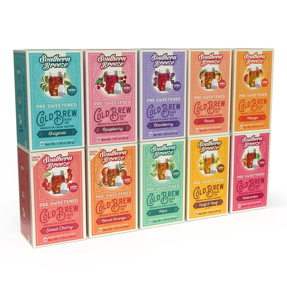 Southern Breeze Cold Brew Sweet Tea Variety Pack Iced Tea with Black Tea and Zero Carbs Zero Sugar, 20 Individually Wrapped Tea Bags, Pack of 10