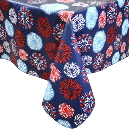 

Celebrate Fireworks Vinyl Table Cloth Flannel Backed Patriotic Table Cover 60 x 84 inches
