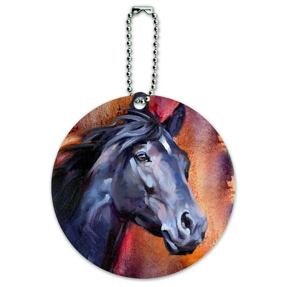 Black Horse Portrait Painting Indigo Night Round Luggage ID Tag Card Suitcase Carry-On