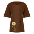 thumbnail image 4 of ICHUANYI Clearance Women's Short Sleeved Casual Plus Size Round Neck Flower Printed Loose Button Cotton Linen Top(Coffee, XXL) ICHUANYI WER2023080814115, 4 of 5