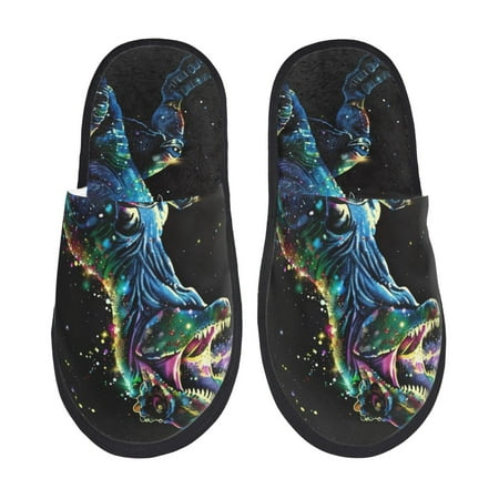 Balery colorful flames dinosaur Slient Indoor Furry Fleece Comfort House Shoes Soft Non-Slip Home Shoes Cotton slippers House Slippers-- Medium
