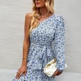 thumbnail image 4 of Mujer Vestido Inclinado Hombro Manga Larga Una Pieza Floral Patrón para Todas las Temporadas Azul M, 4 of 8