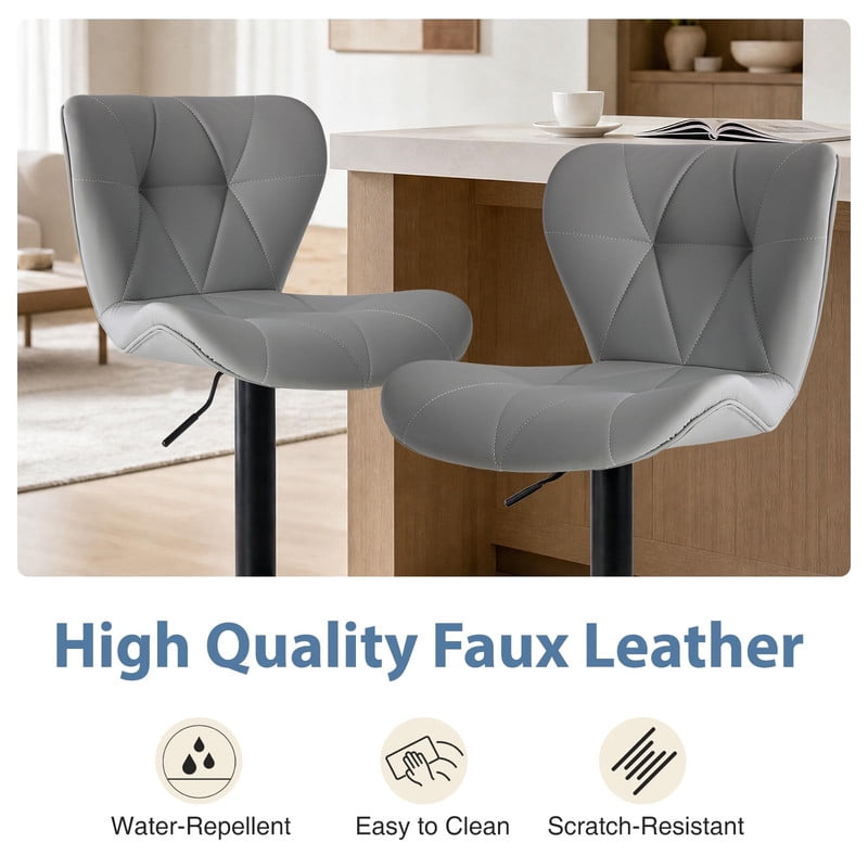 Kelno Swivel Bar Stools Set of 2 Adjustable Height PU Leather Seat with Backrest 360° Swivel for Kitchen Island, Gray