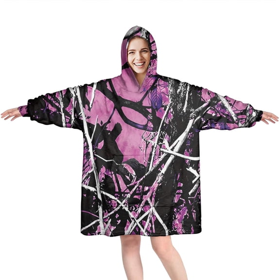 Purple Camo Tree Branch Pattern Wearable Oversized Blanket,Wearable Blanket Hoodie for Adults,Cozy Hooded Blankets with Super Pockets,Super Warm Fuzzy Pullover for Women & Men
