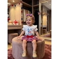 thumbnail image 3 of BemeyourBBs Newborn Baby Girls My First 4th of July Outfits Independent Day Patriot Summer Clothes Letter USA Flag Short Sleeves Romper and Bow Print Ruffled Shorts Skirt Headband 3pcs Set, 3 of 9