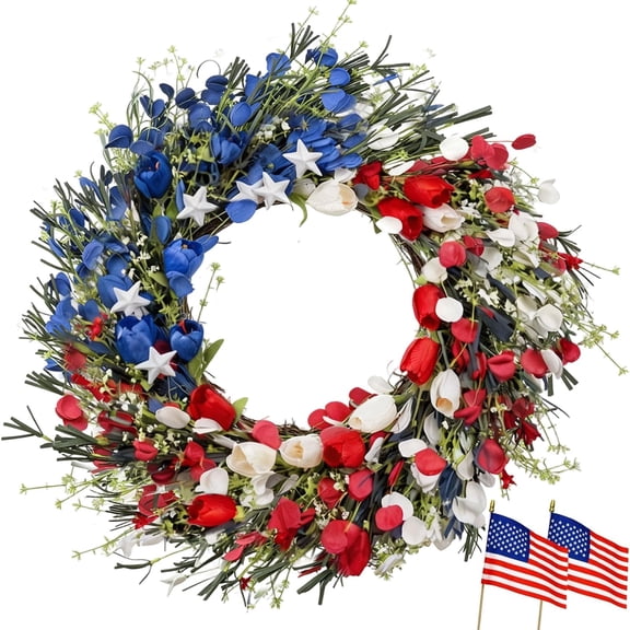 SLUMLOVE 22" Patriotic Wreath for Front Door with 2 American Flags, Red White and Blue 4th of July Wreath for Independence Day, Memorial Day & USA 250th Anniversary Decor