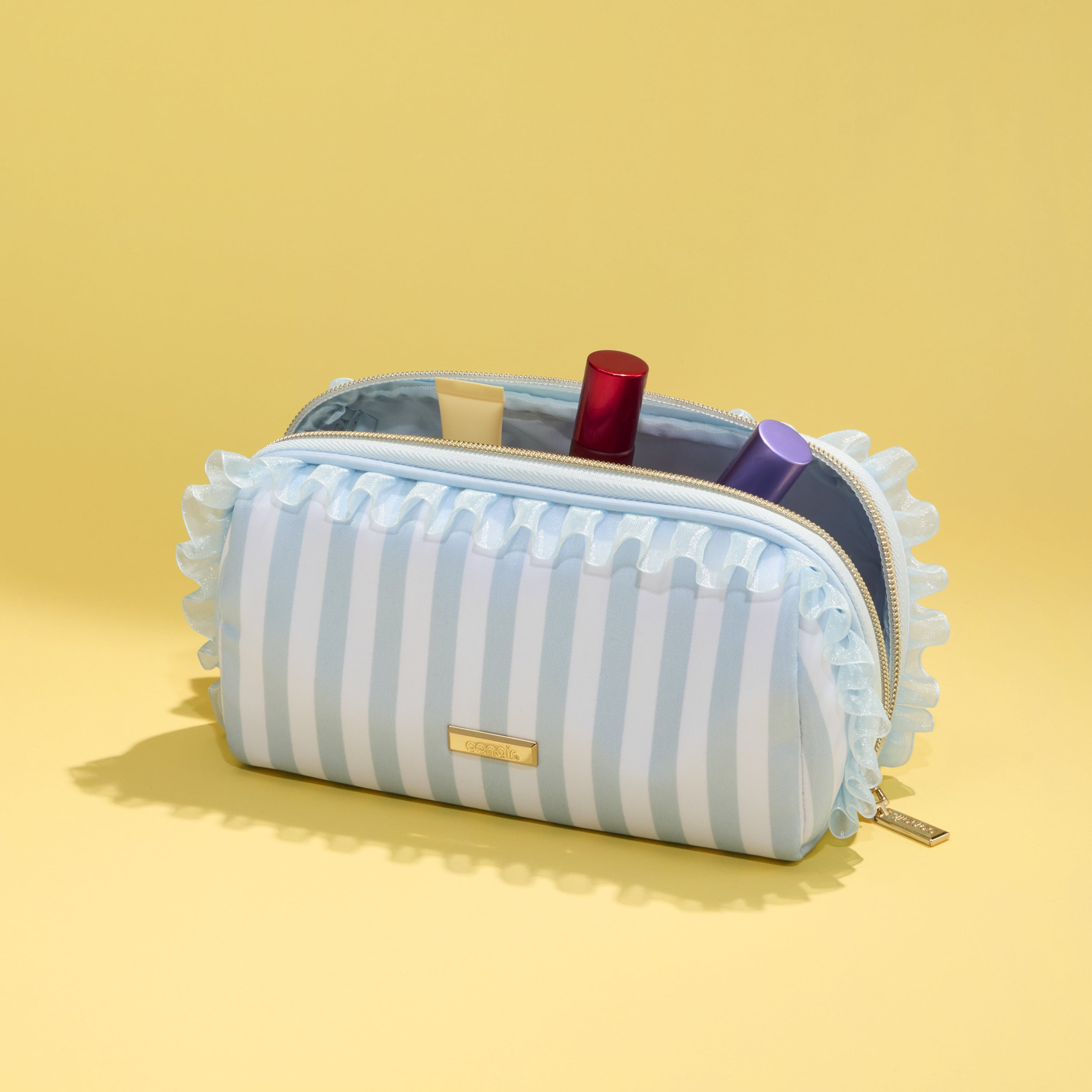 Conair Blue Ruffle Pencil Case, Compact Beauty Organizer with Metal Hardware, 1 Count