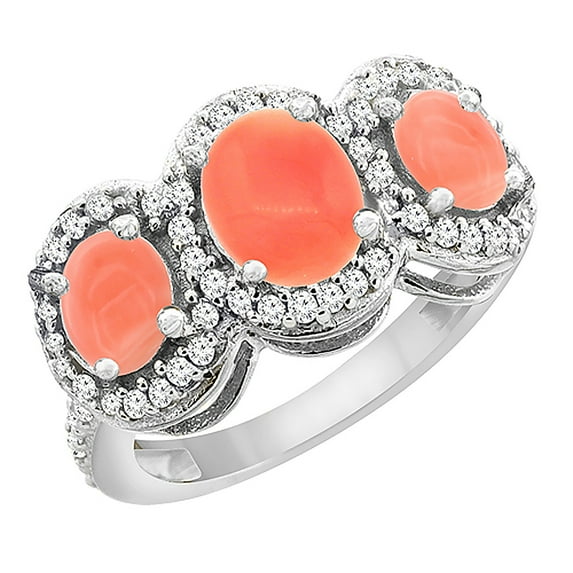 10K White Gold Natural Coral 3-Stone Ring Oval Diamond Accent, size 8