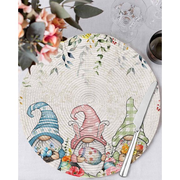 15 Inch Round Placemats Set of 4, Gnomes Easter Non Slip Heat Insulation PP Table Mats, Eucalyptus Spring Floral Eggs Leaves Rustic Washable Place Mats for Kitchen Dining Party Table Decor