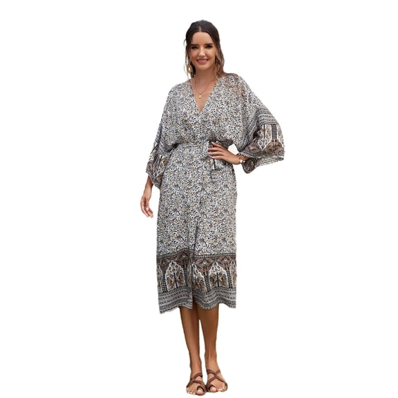 Women Flower Kimono Cardigans Cover Up Loose Summer Top Beach Dress with Belt