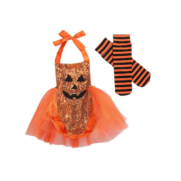 Infant Baby Girl Halloween Costume Cute Pumpkin Face Sequin Halter Romper Tutu Dress Striped Socks 2Pcs Outfits