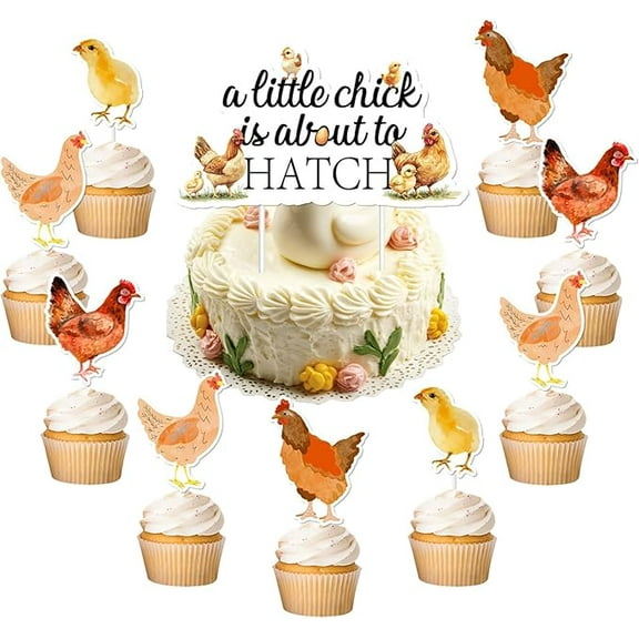 Chicken Baby Shower Cake Topper, A Little Chick Is About To Hatch Cake Topper Little Chick Cupcake Toppers Farm Animal Hen Themed Party Decoration for Boys Girls Baby Shower Party Supplies