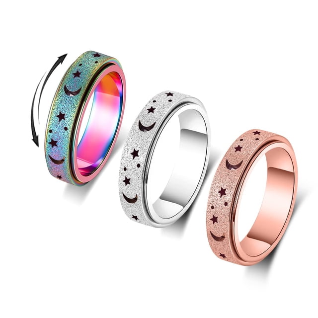 Anillo de ansiedad para mujer Anillo giratorio Anillo antiestrés Anillos giratorios de acero inoxidable Juguetes antiestrés para adultos Juego de anillos Fidgit Oro rosa Plata Arco iris Tamaño 7