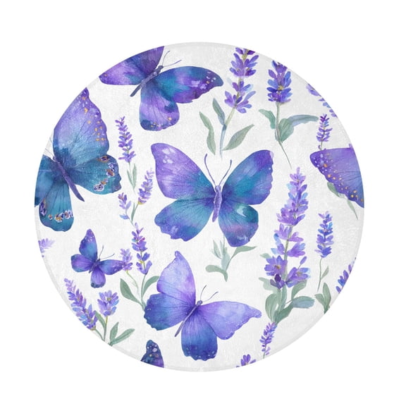 BZSMCE Purple Butterfly Lavender Round Fluffy Area Rug 32.2in Non-Slip Circular Shaggy Rug