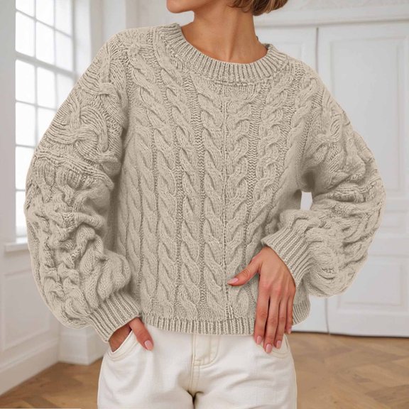 Winter Sweaters for Women Cable Knit Crew Neck Pullover Sweater (Khaki L)