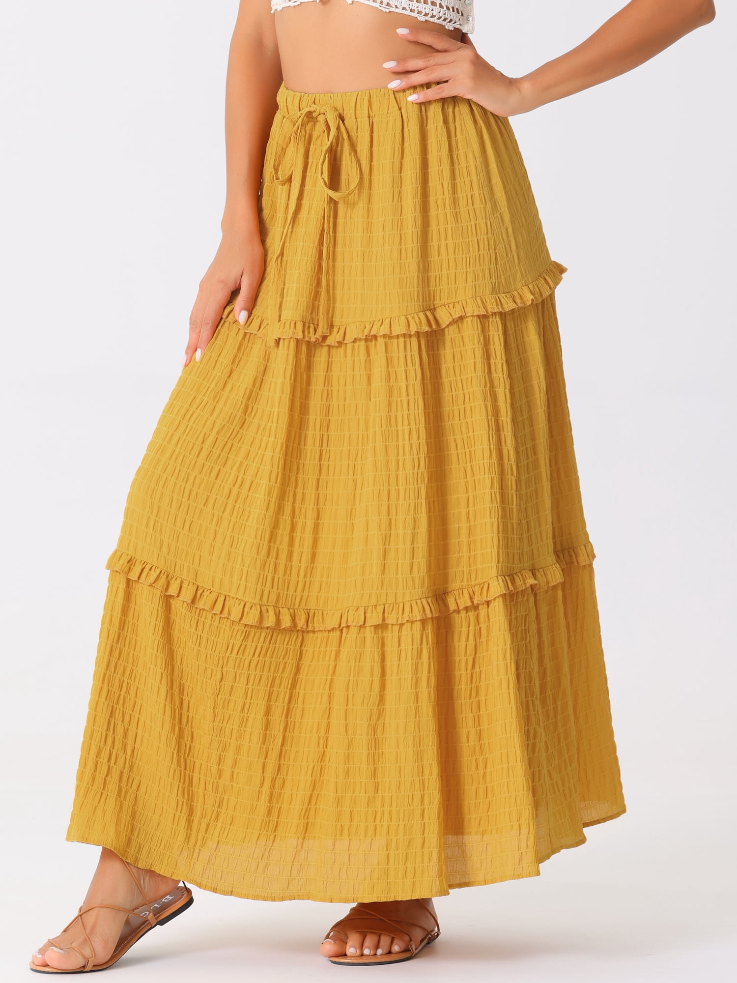 DARING DIVA Women's Ruffle Swing Skirts Beach Tiered Long Maxi Skirt XL Yellow