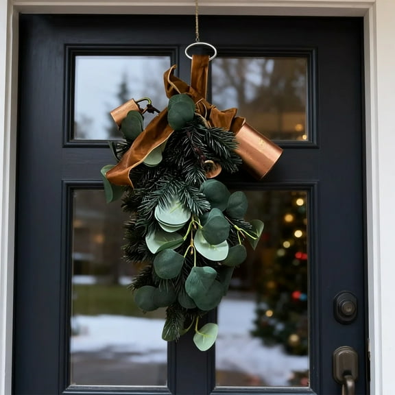 19.7" Eucalyptus Leaf Teardrop Front Door Garland - Spring Summer Green Hanging Wreath with Artificial Olive Leaves, Olive Fruits and Bows for Farmhouse, Porch, Wedding Decor, All Seasons