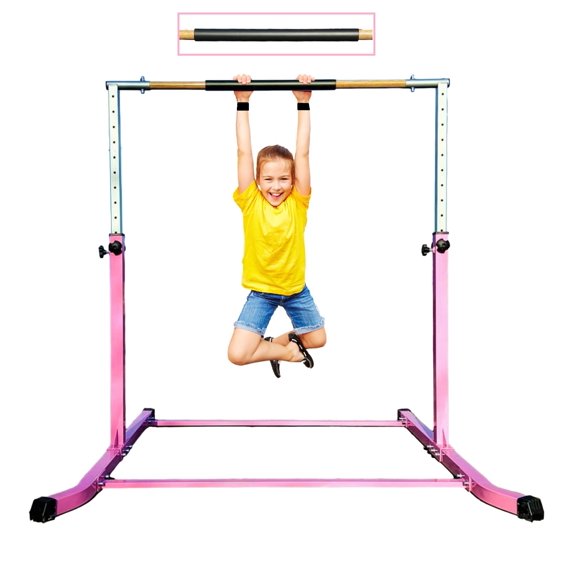 ToyKraft Barre de Kip de Gymnastique pour Enfants, Hauteur Réglable 3 à 5 Pi, Barre de Gymnastique Junior pour la Maison, Barre d'Entraînement Athlétique Horizontale pour Gymnastes, Extensible pour Enfants et Adultes, Rose
