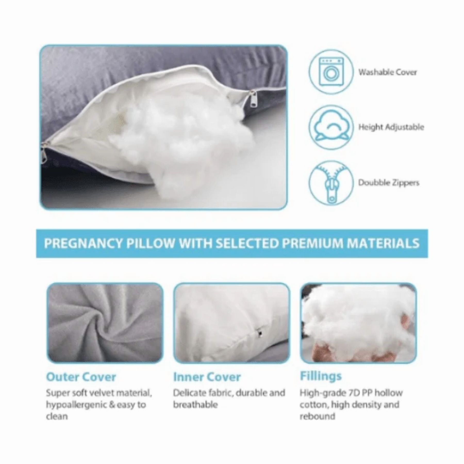Best-selling U-shaped pregnant pillow - promotes side sleeping, supports the waist and abdomen. An essential item for pregnant women when sleeping.