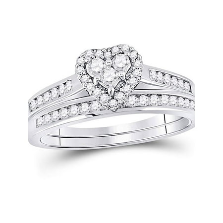 14kt White Gold Womens Diamond Heart Bridal Wedding Engagement Ring Band Set 1/2 Cttw