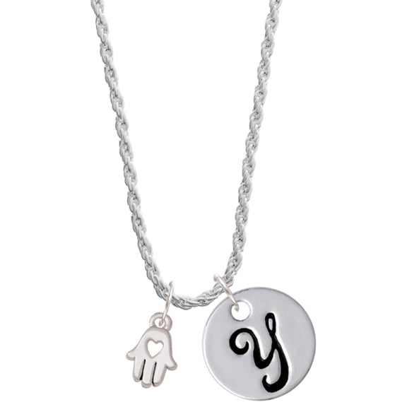 Delight Jewelry Silvertone Small Heart Hamsa Hand Silvertone Script Initial Disc - Y - Charm Necklace, 20"+3"