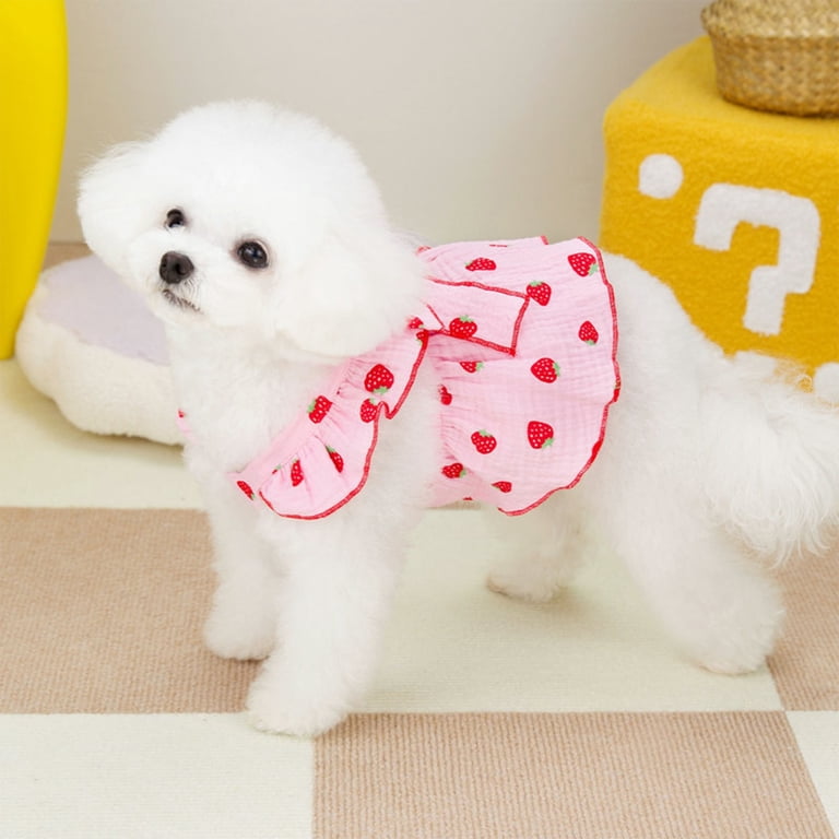 Nebwoak Small Dog Princess Dress Summer - Floral Strawberry Print Bow  Cotton Pet Dress for Cats Puppies Under 17lbs - Leash Attachment & Belly Cut  - White/Pink - Walmart.com
