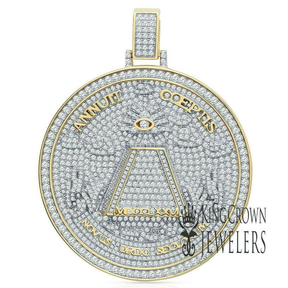Mens Exclusive Custom Piece Real Yellow Gold Sterling Silver Annuit cœptis Pendant Charm Medallion Big XL 3.15 Inch
