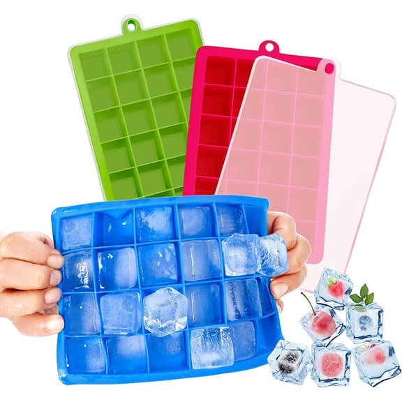 3-Pack Silicone Ice Cube Trays with Lids - 24 Cubes Per Tray for Cocktails, Whiskey, and More (Blue, Green, Rose Red)
